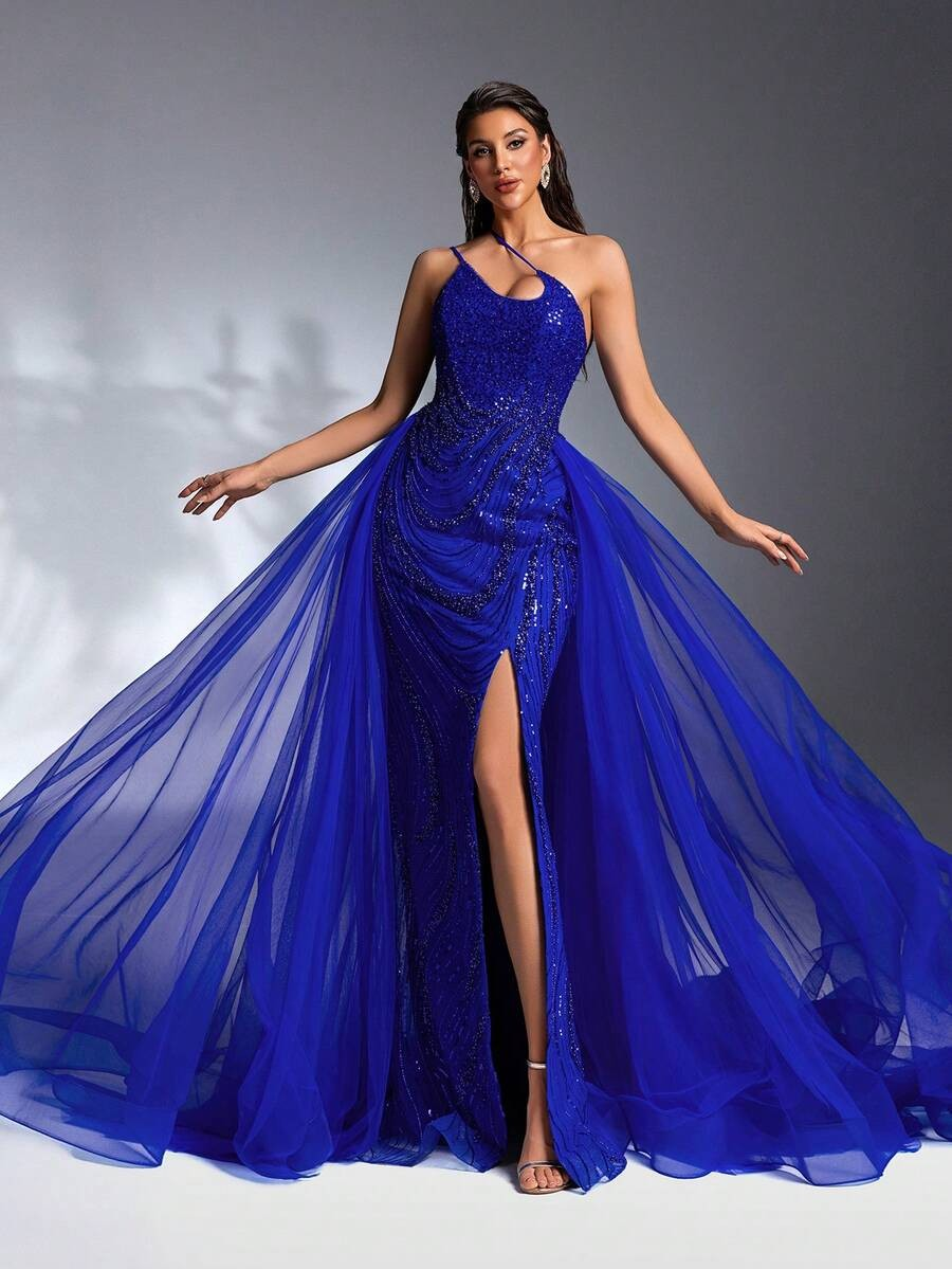 SD3207 Deep V-Neck Beaded Flared Mesh Gown