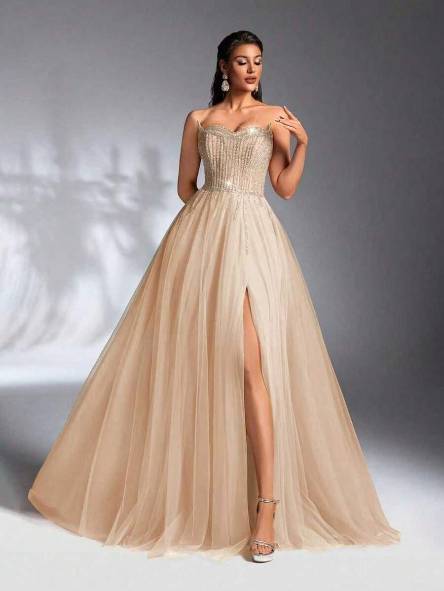 SD3211 Faux Two-Layer Beaded High-Low Gown