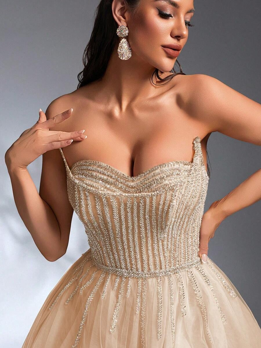 SD3211 Faux Two-Layer Beaded High-Low Gown