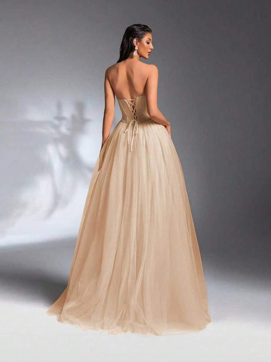 SD3211 Faux Two-Layer Beaded High-Low Gown