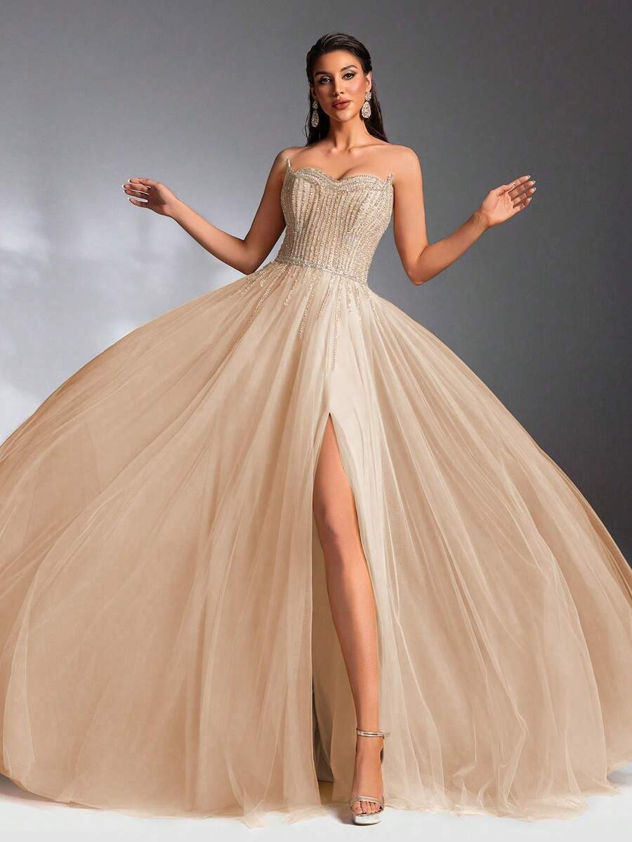 SD3211 Faux Two-Layer Beaded High-Low Gown