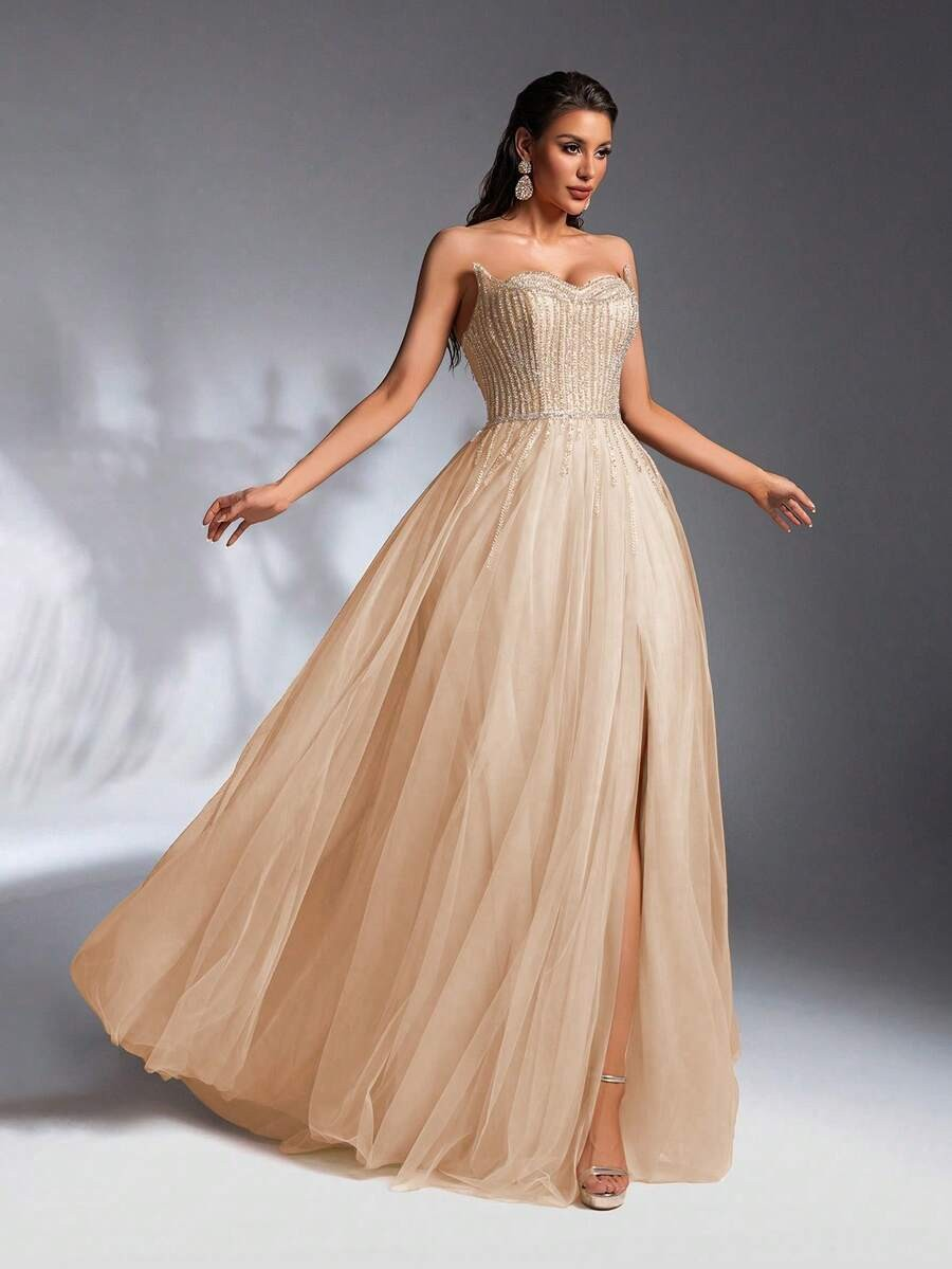 SD3211 Faux Two-Layer Beaded High-Low Gown