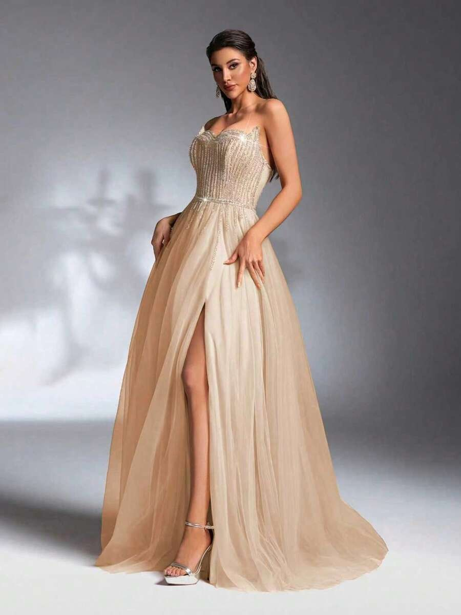 SD3211 Faux Two-Layer Beaded High-Low Gown