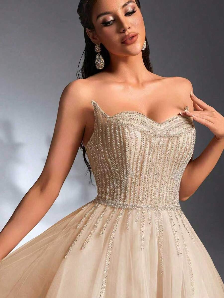 SD3211 Faux Two-Layer Beaded High-Low Gown