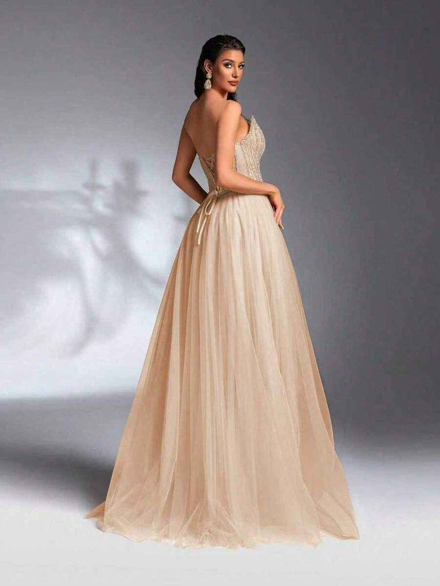 SD3211 Faux Two-Layer Beaded High-Low Gown