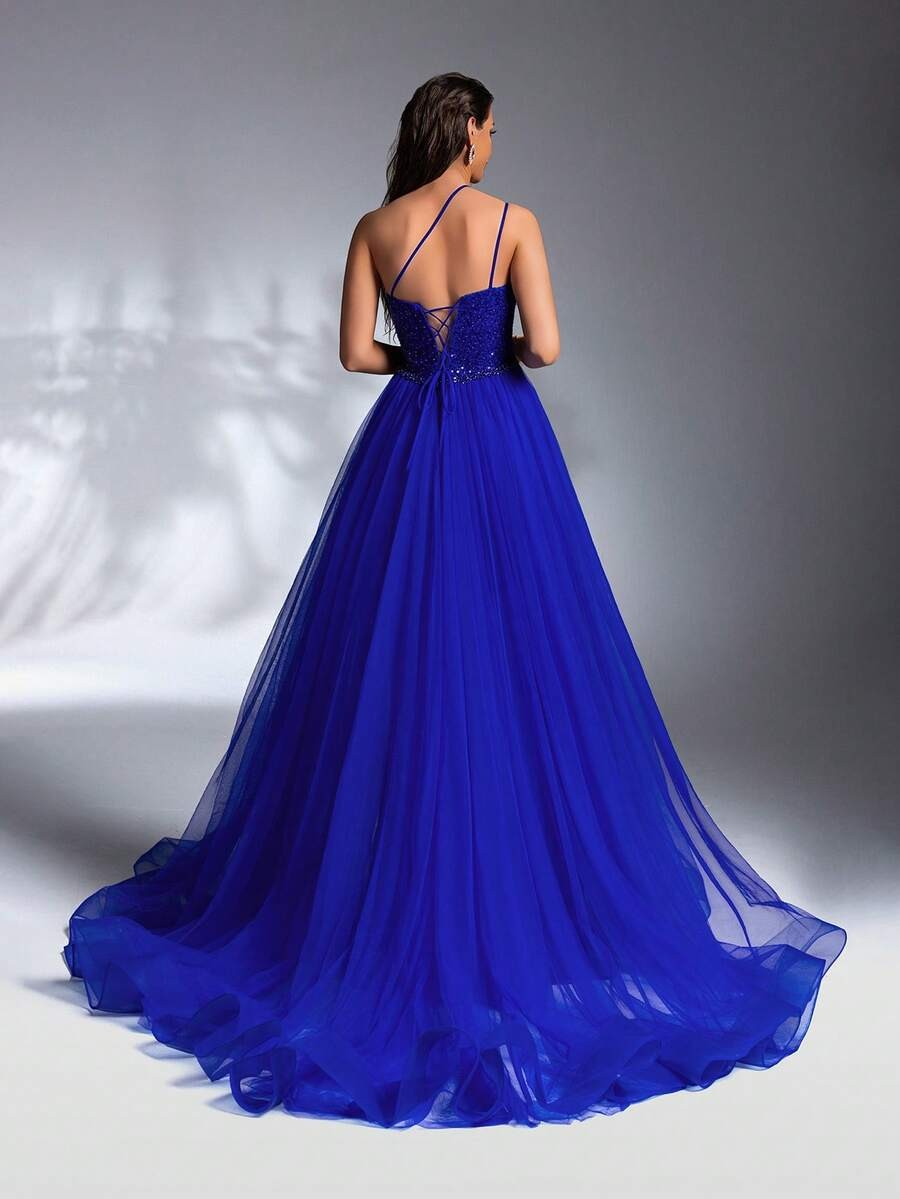 SD3207 Deep V-Neck Beaded Flared Mesh Gown