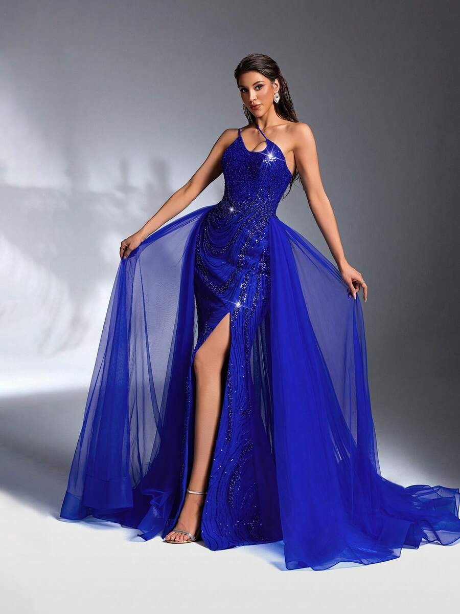 SD3207 Deep V-Neck Beaded Flared Mesh Gown