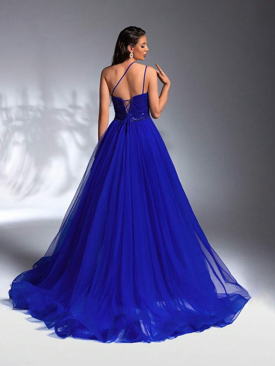 SD3207 Deep V-Neck Beaded Flared Mesh Gown