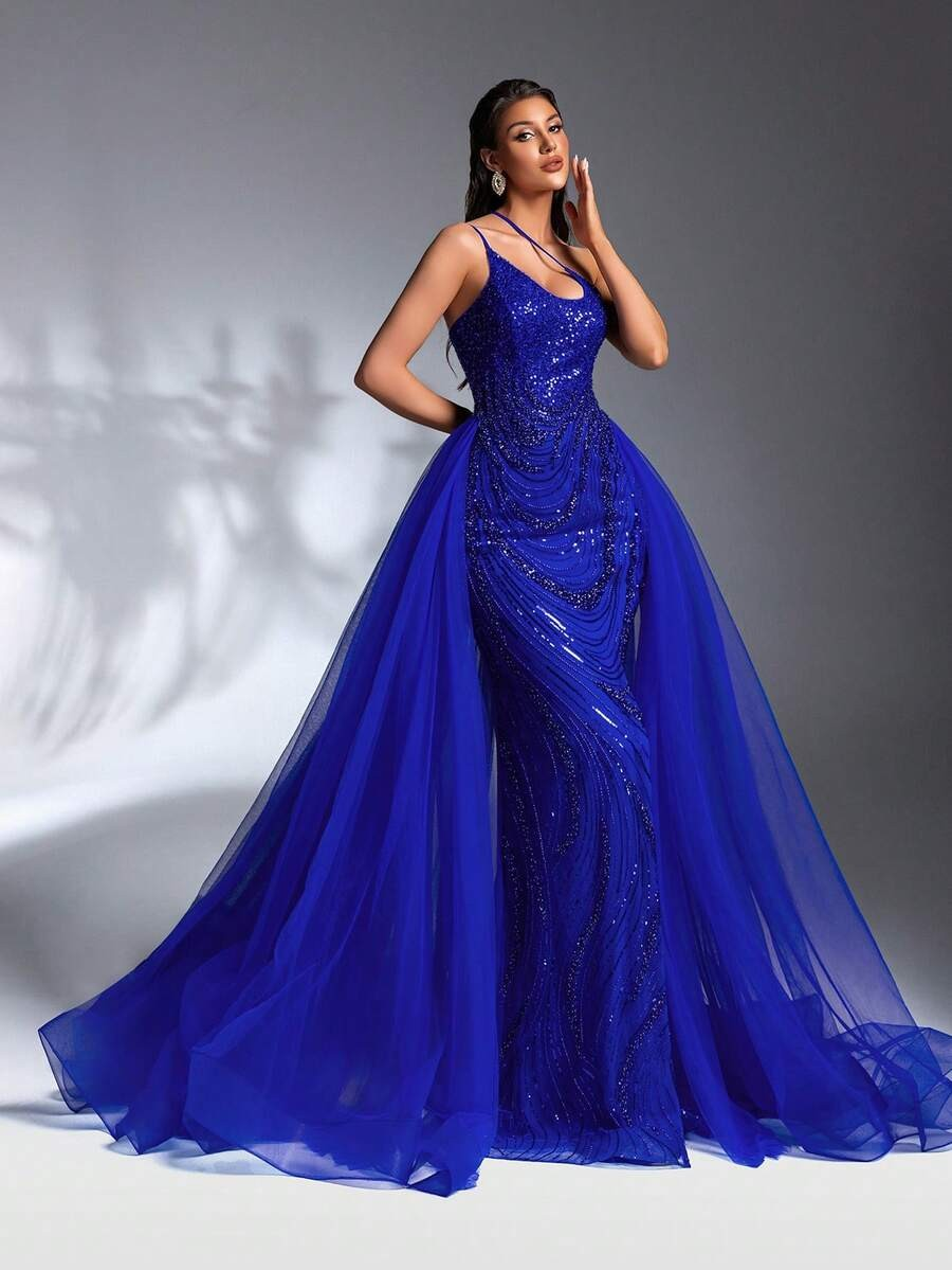 SD3207 Deep V-Neck Beaded Flared Mesh Gown