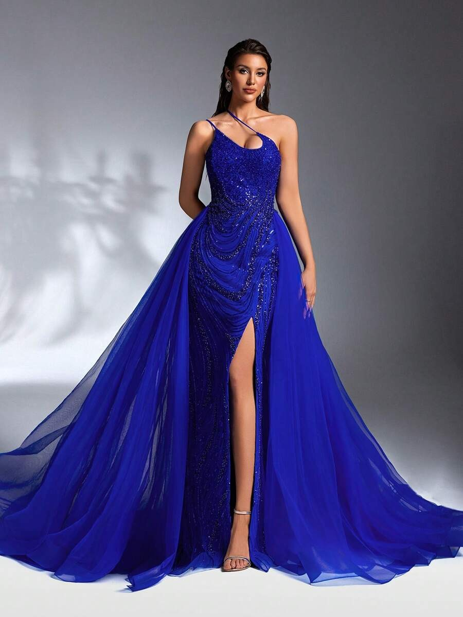 SD3207 Deep V-Neck Beaded Flared Mesh Gown