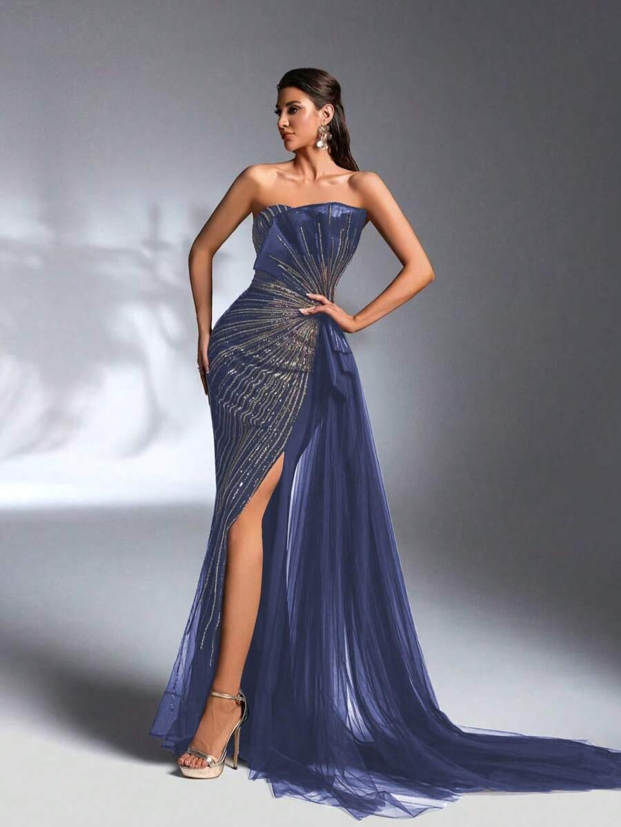 SD3184 Sparkling Sequin Strapless Draped Gown