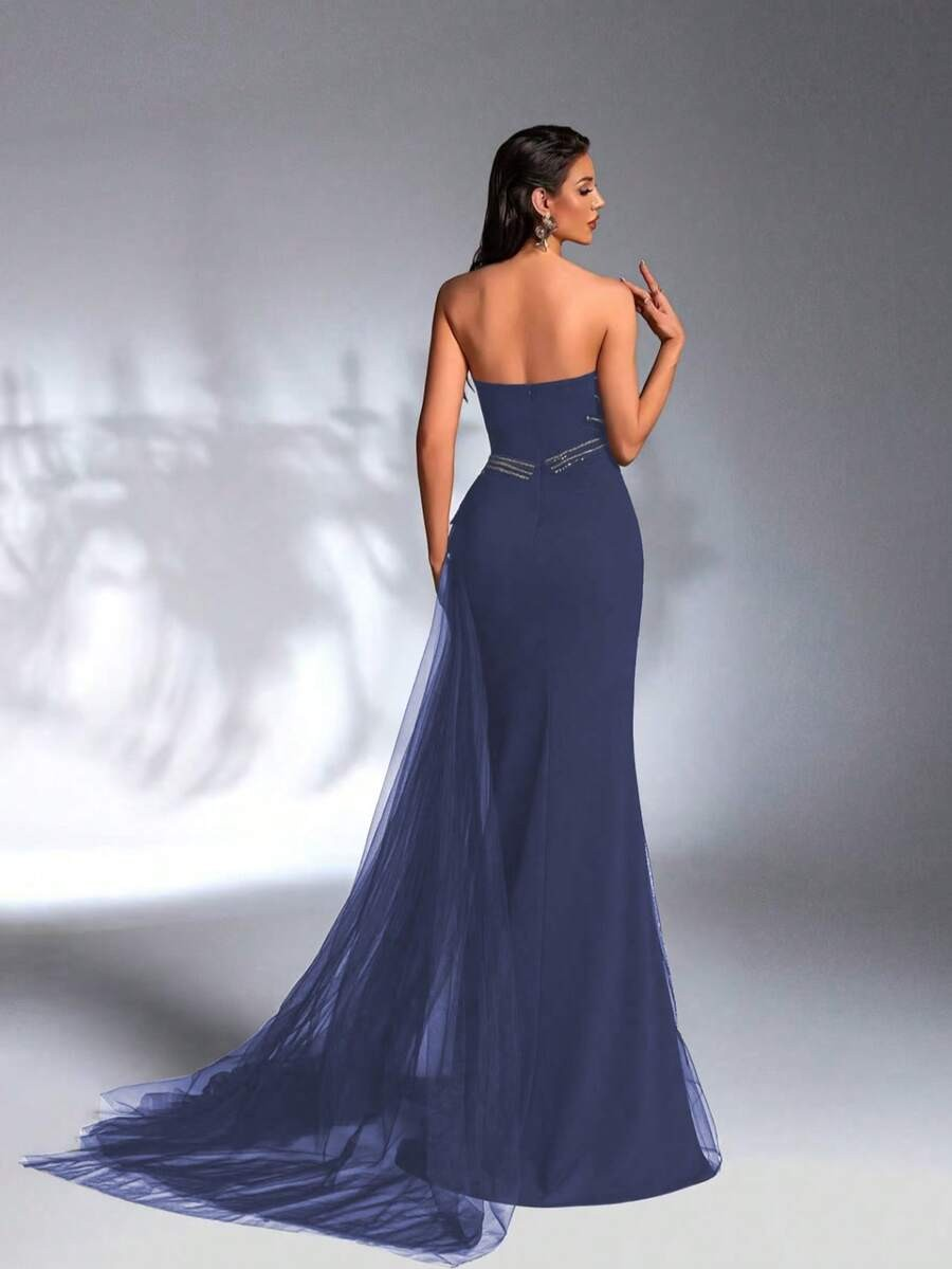 SD3184 Sparkling Sequin Strapless Draped Gown