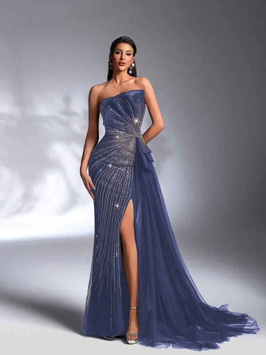 SD3184 Sparkling Sequin Strapless Draped Gown