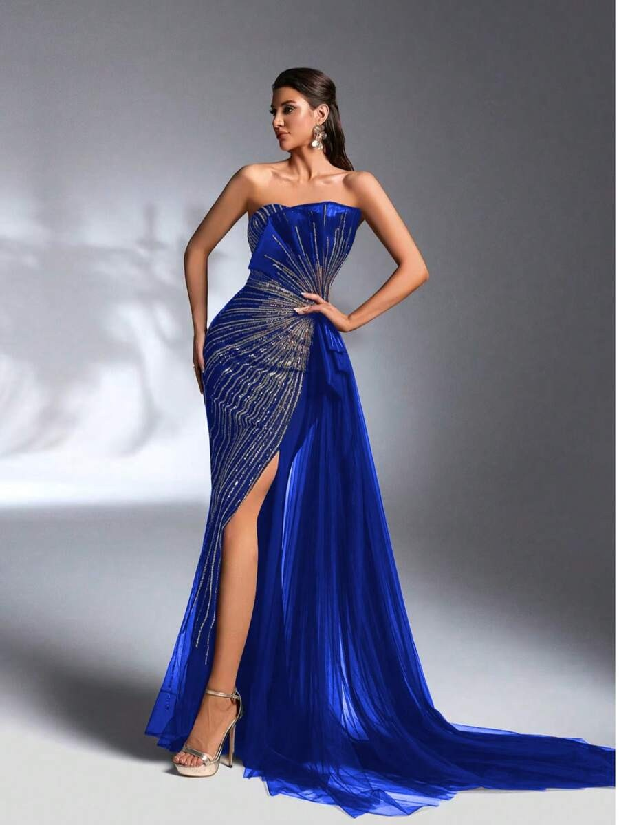 SD3184 Sparkling Sequin Strapless Draped Gown