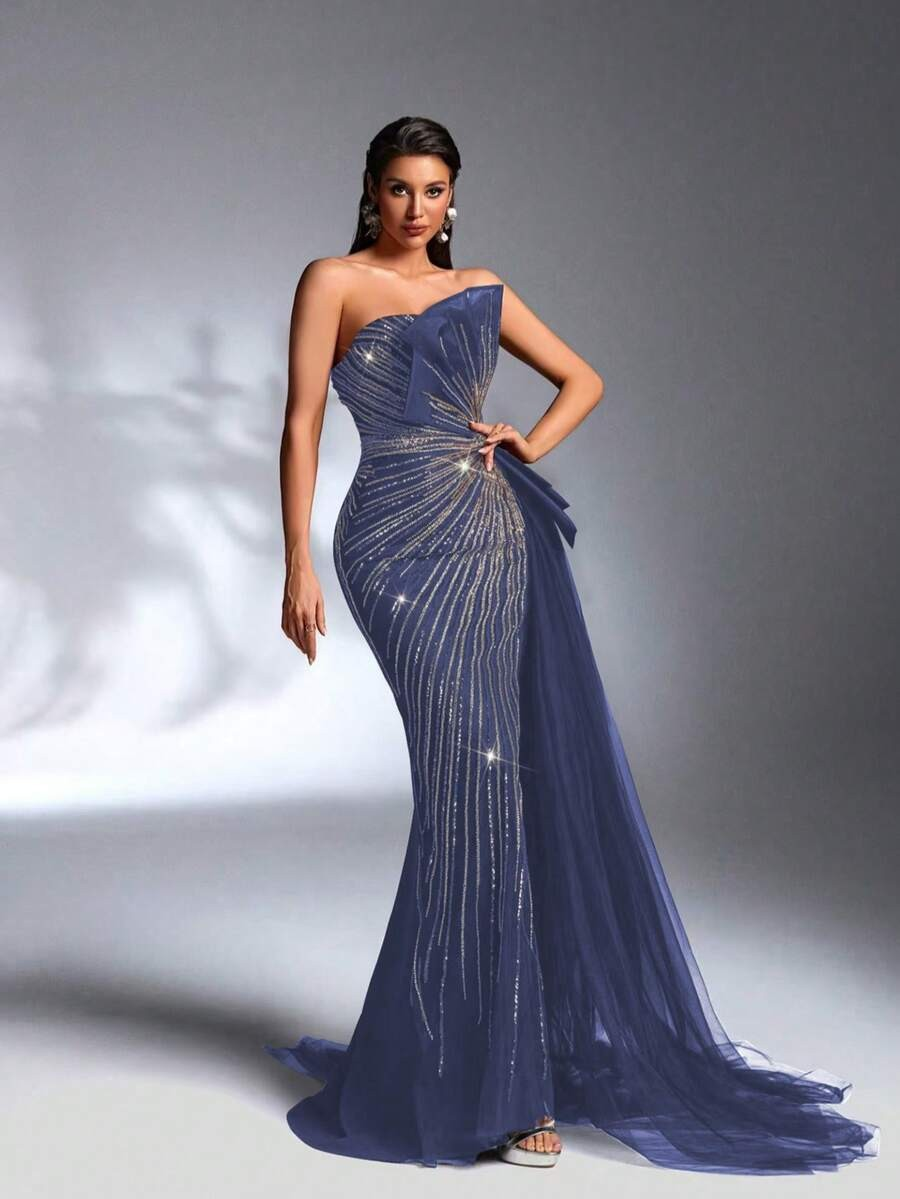 SD3184 Sparkling Sequin Strapless Draped Gown