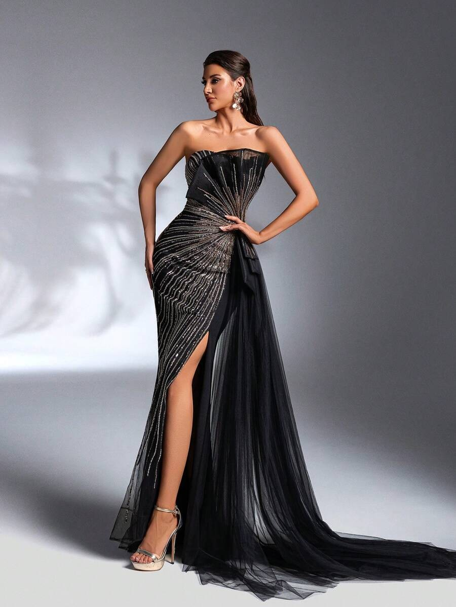 SD3184 Sparkling Sequin Strapless Draped Gown