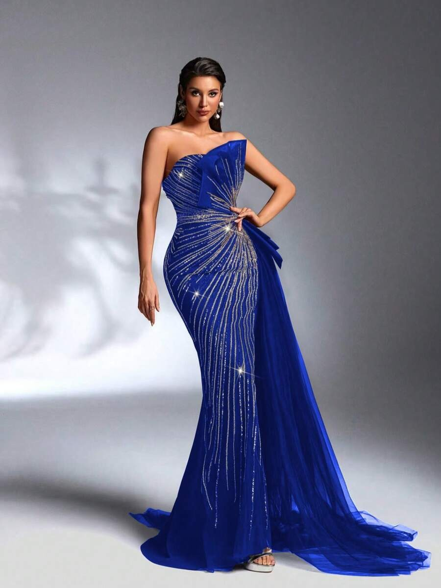 SD3184 Sparkling Sequin Strapless Draped Gown
