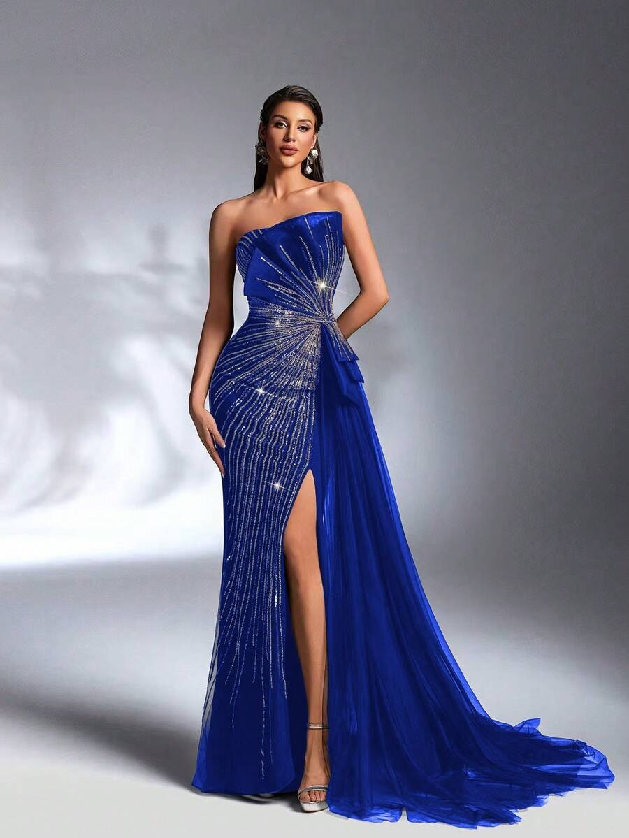 SD3184 Sparkling Sequin Strapless Draped Gown