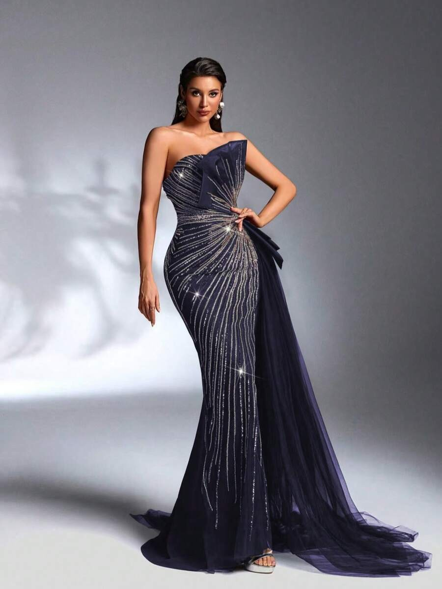 SD3184 Sparkling Sequin Strapless Draped Gown