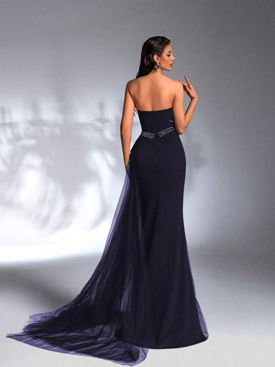 SD3184 Sparkling Sequin Strapless Draped Gown