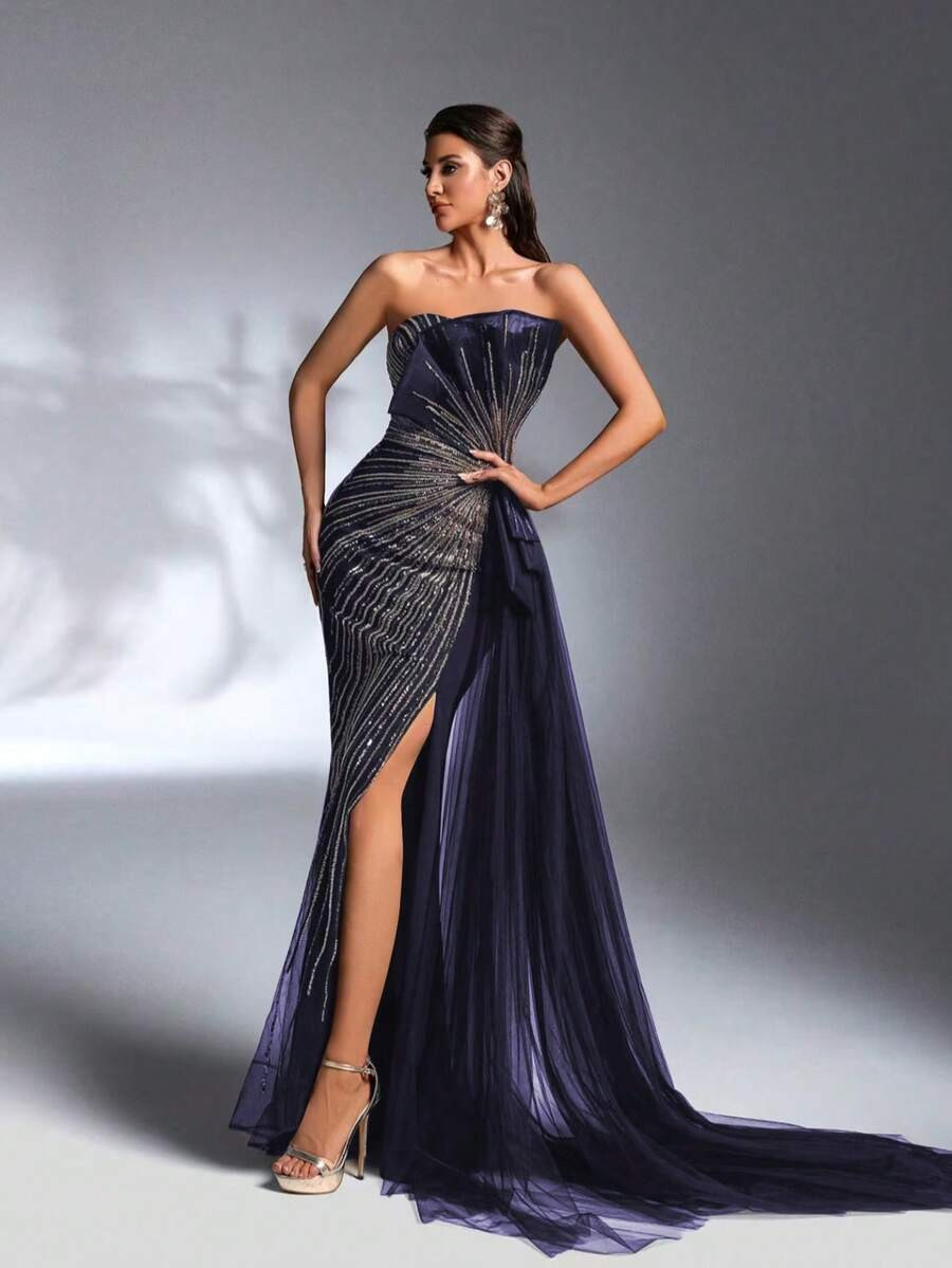SD3184 Sparkling Sequin Strapless Draped Gown