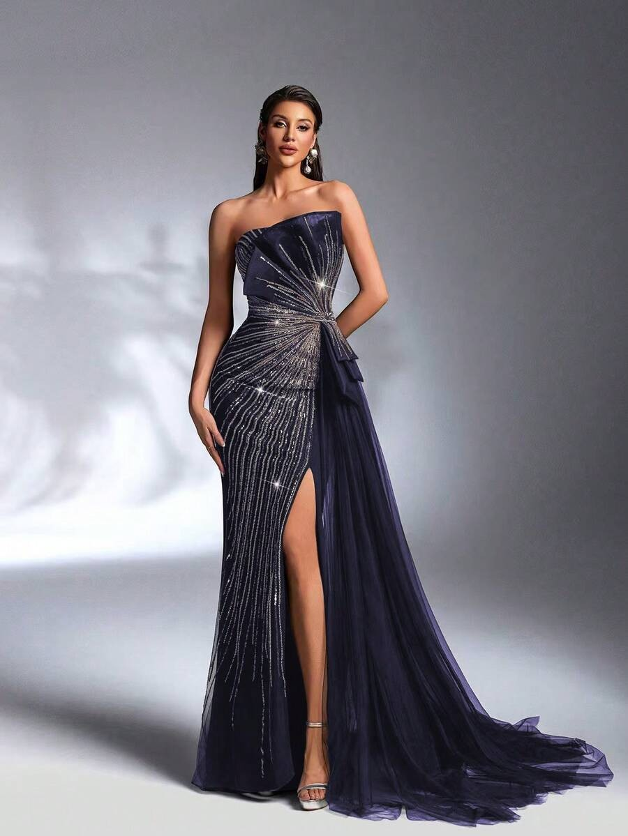 SD3184 Sparkling Sequin Strapless Draped Gown