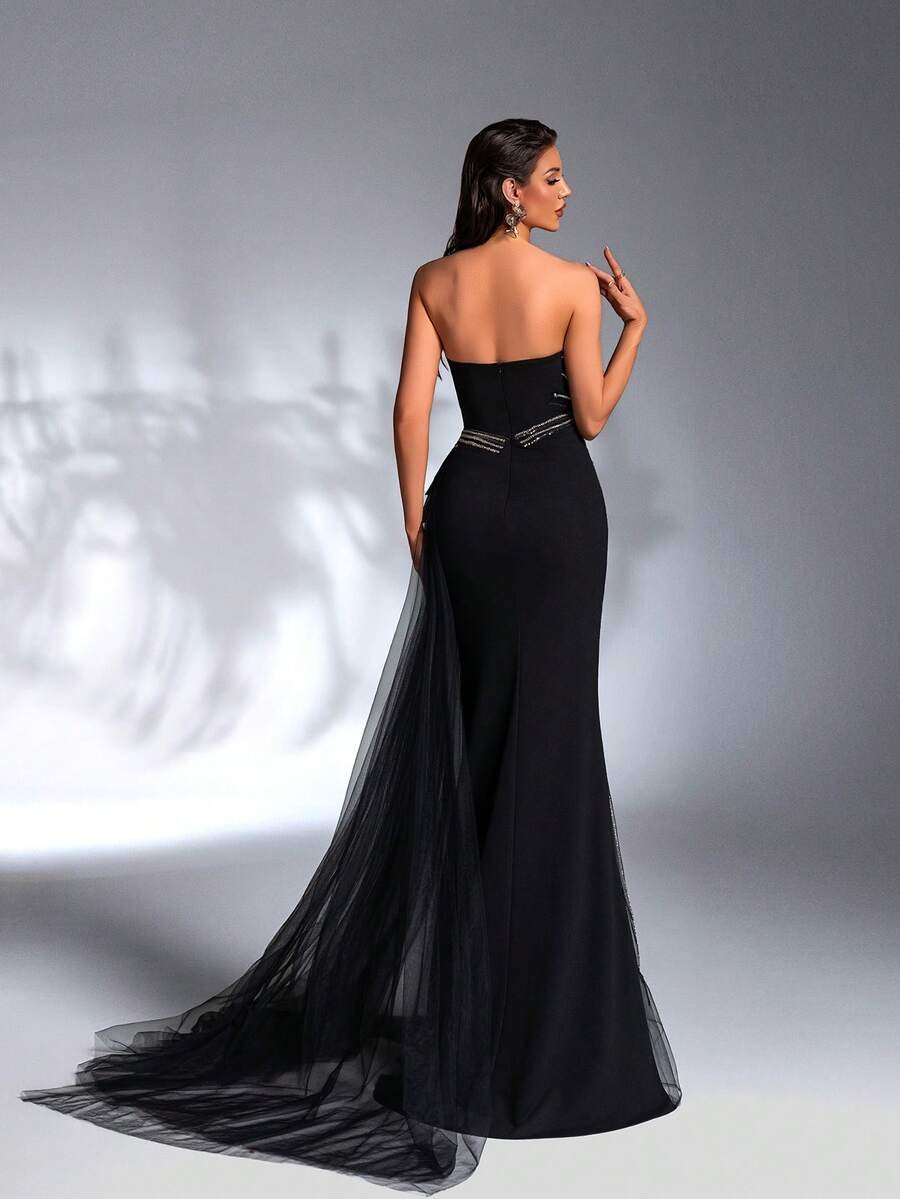SD3184 Sparkling Sequin Strapless Draped Gown