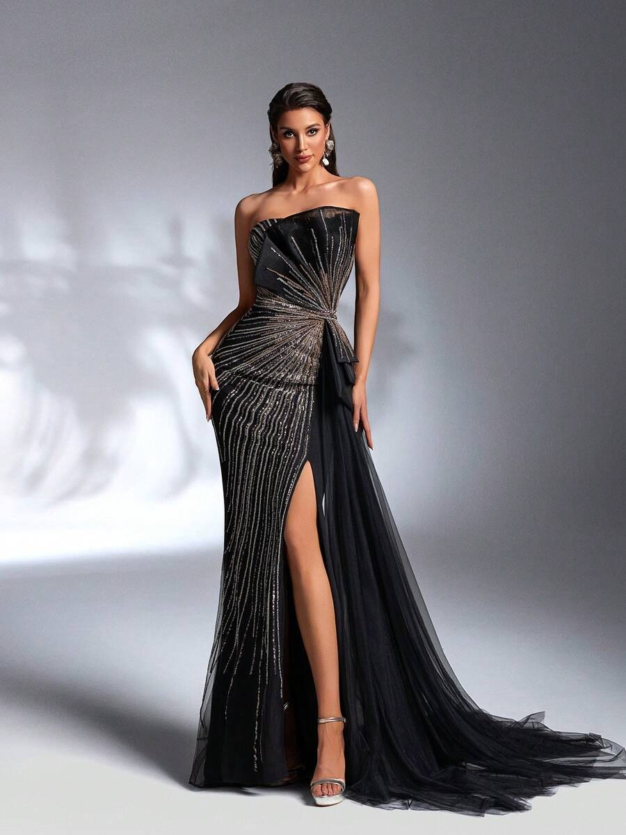 SD3184 Sparkling Sequin Strapless Draped Gown