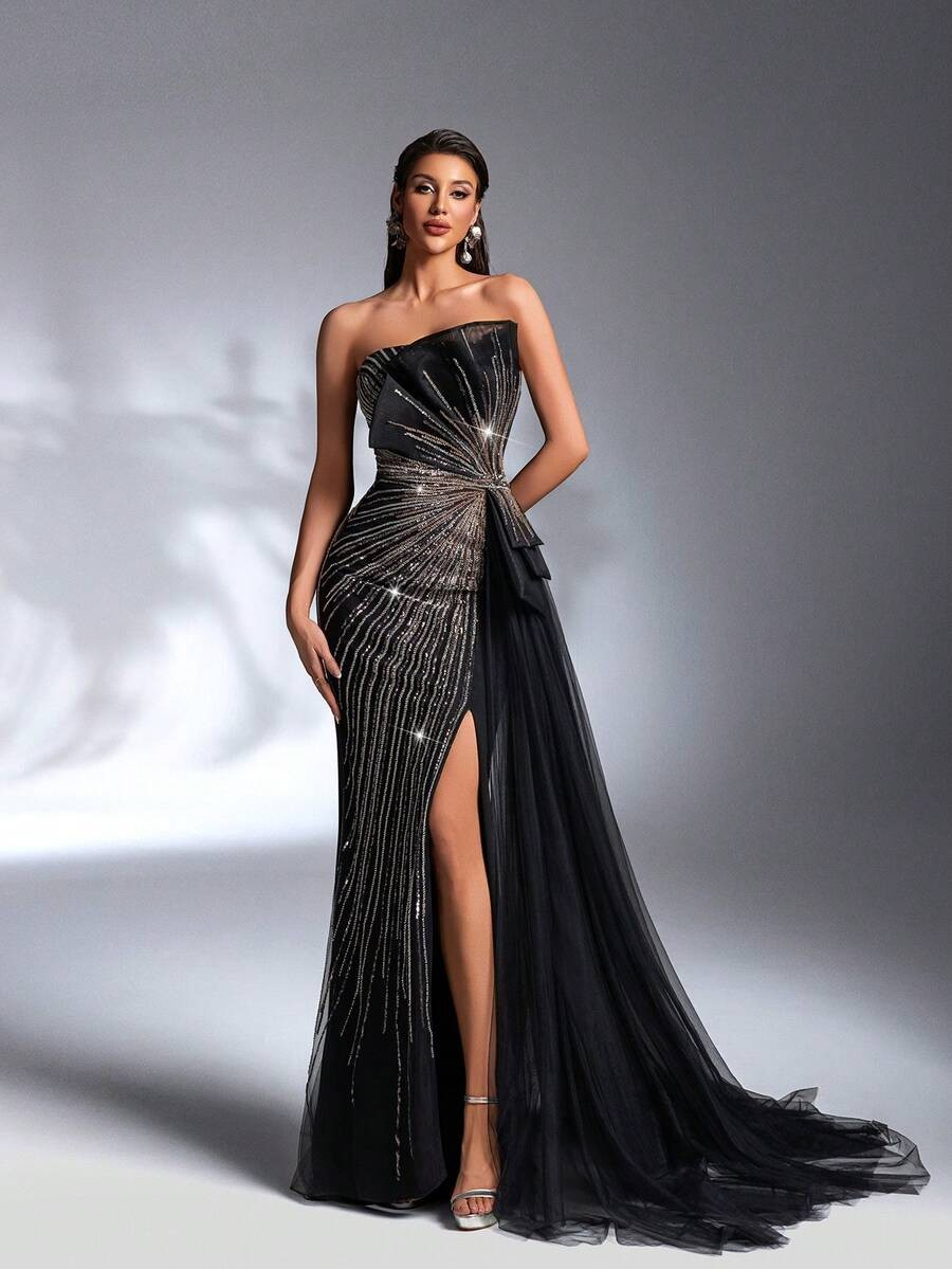 SD3184 Sparkling Sequin Strapless Draped Gown