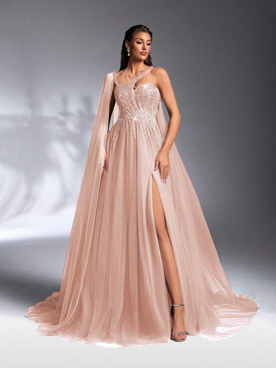 SD3186 Luxe Asymmetrical Beaded Mesh Gown