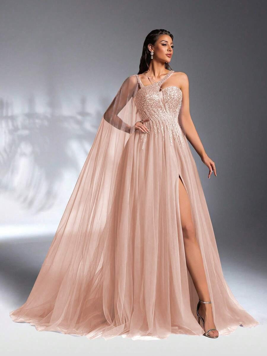 SD3186 Luxe Asymmetrical Beaded Mesh Gown