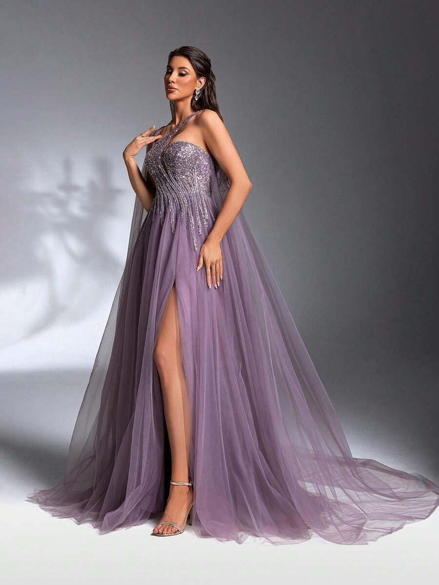 SD3186 Luxe Asymmetrical Beaded Mesh Gown
