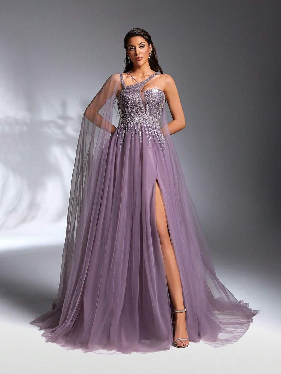 SD3186 Luxe Asymmetrical Beaded Mesh Gown