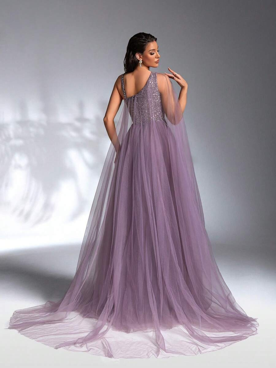 SD3186 Luxe Asymmetrical Beaded Mesh Gown