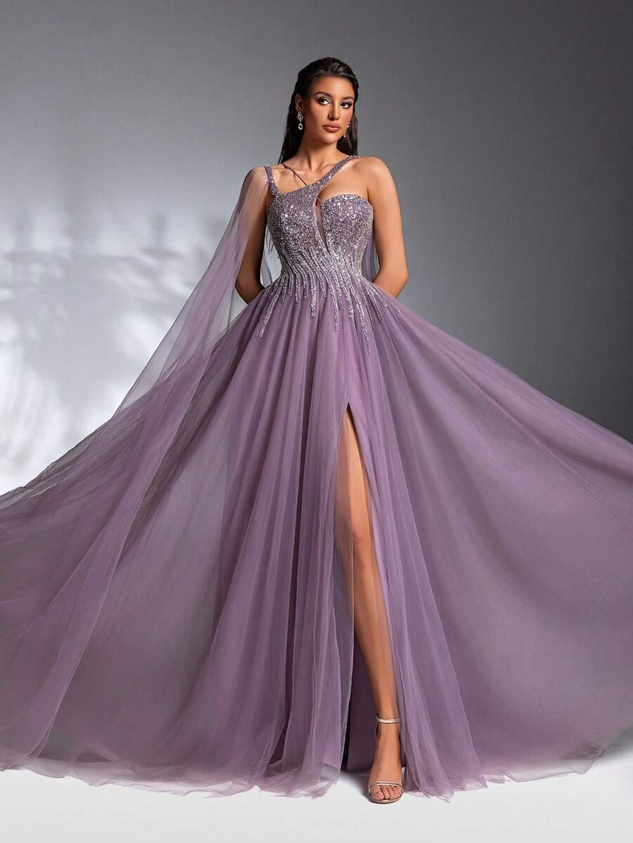 SD3186 Luxe Asymmetrical Beaded Mesh Gown