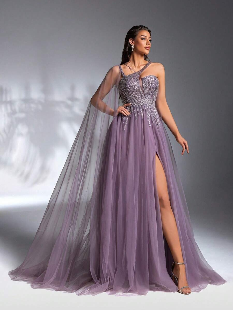 SD3186 Luxe Asymmetrical Beaded Mesh Gown