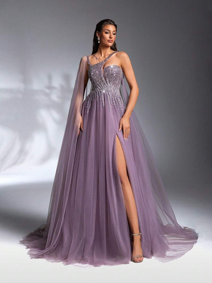 SD3186 Luxe Asymmetrical Beaded Mesh Gown