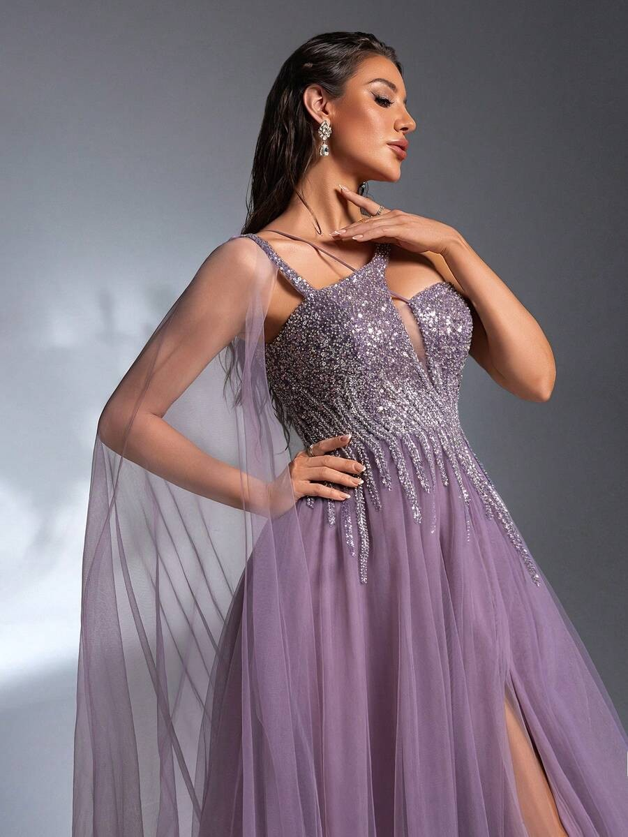 SD3186 Luxe Asymmetrical Beaded Mesh Gown