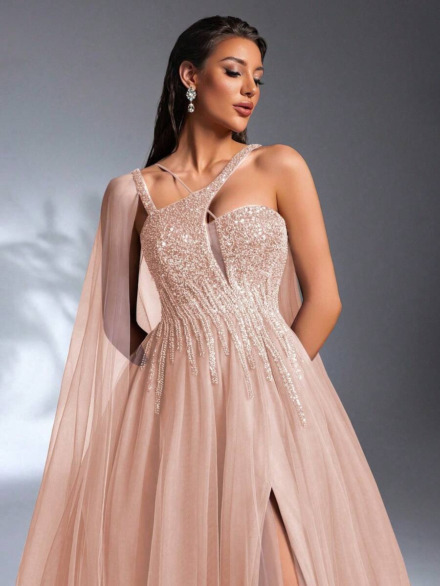 SD3186 Luxe Asymmetrical Beaded Mesh Gown