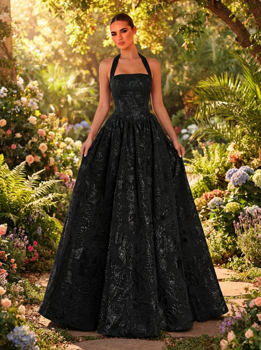 SDE3250 Elegant Burgundy Jacquard Halter Formal Evening Gown
