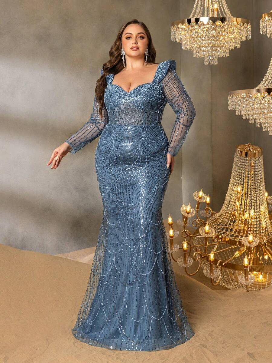 SD3237 Geometric Wave Beaded Mermaid Gown