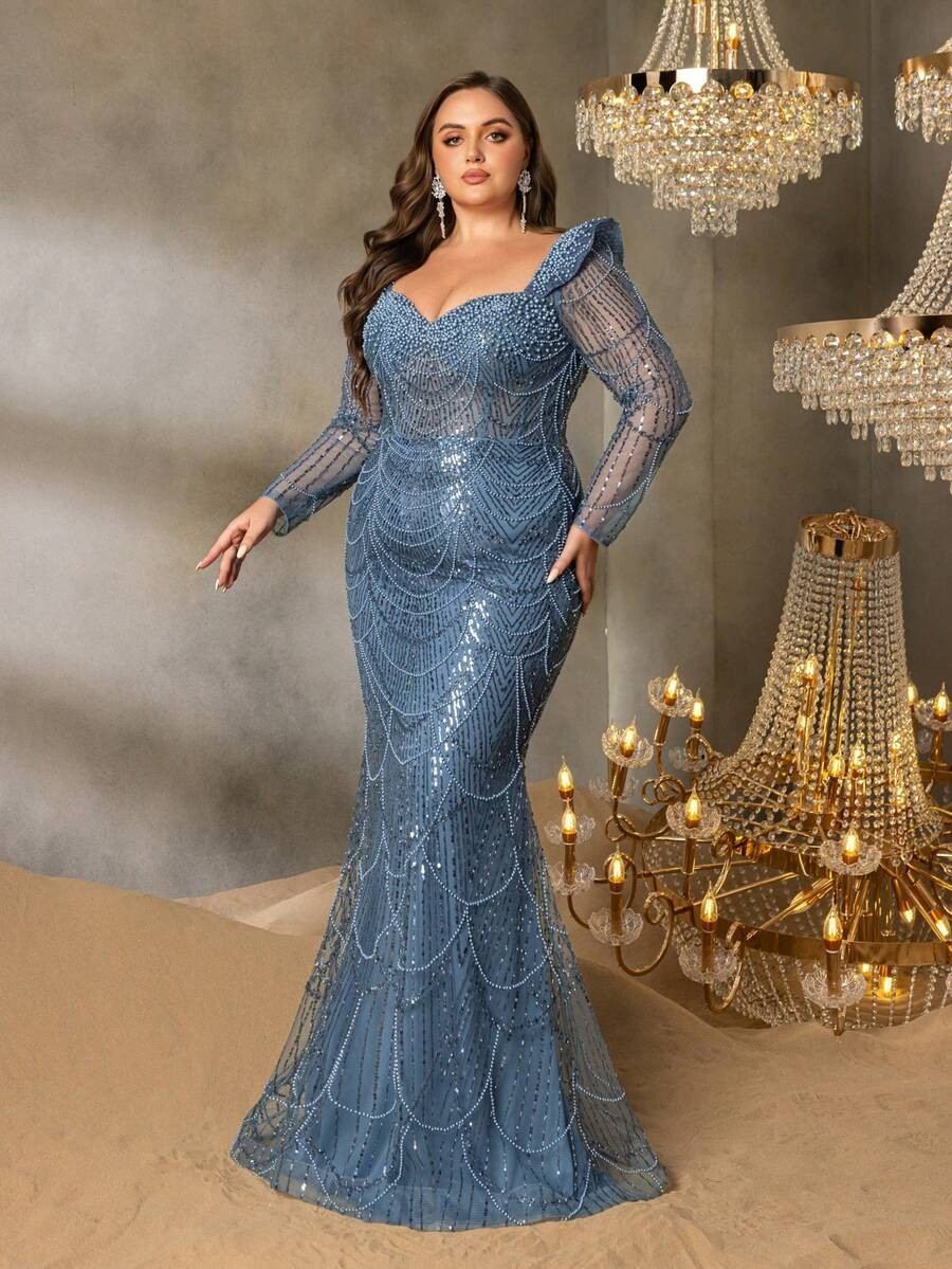 SD3237 Geometric Wave Beaded Mermaid Gown