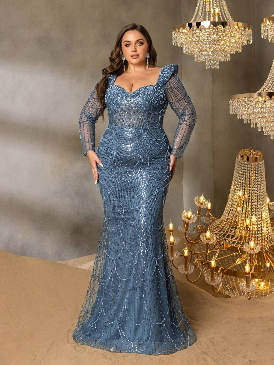 SD3237 Geometric Wave Beaded Mermaid Gown