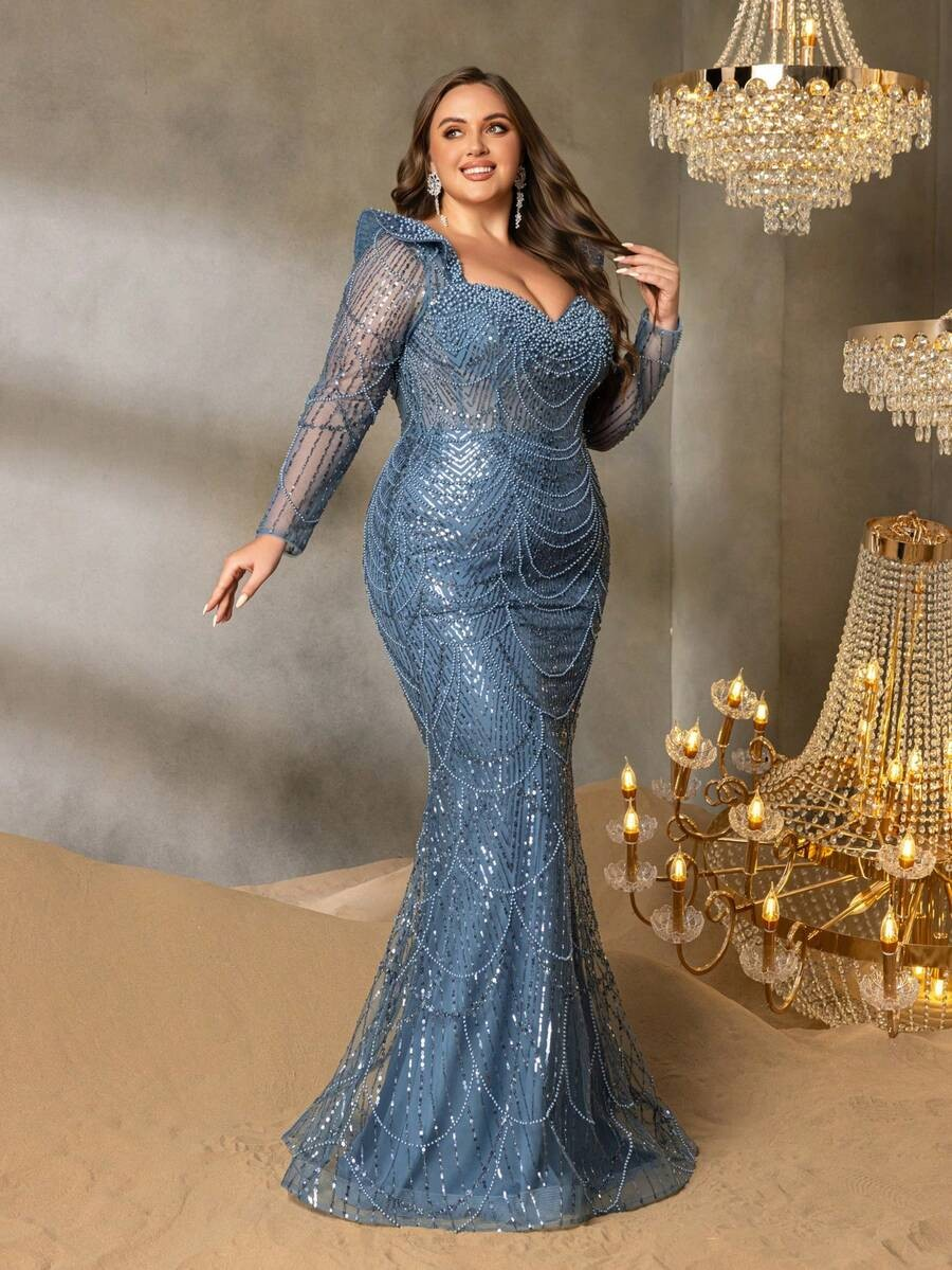SD3237 Geometric Wave Beaded Mermaid Gown
