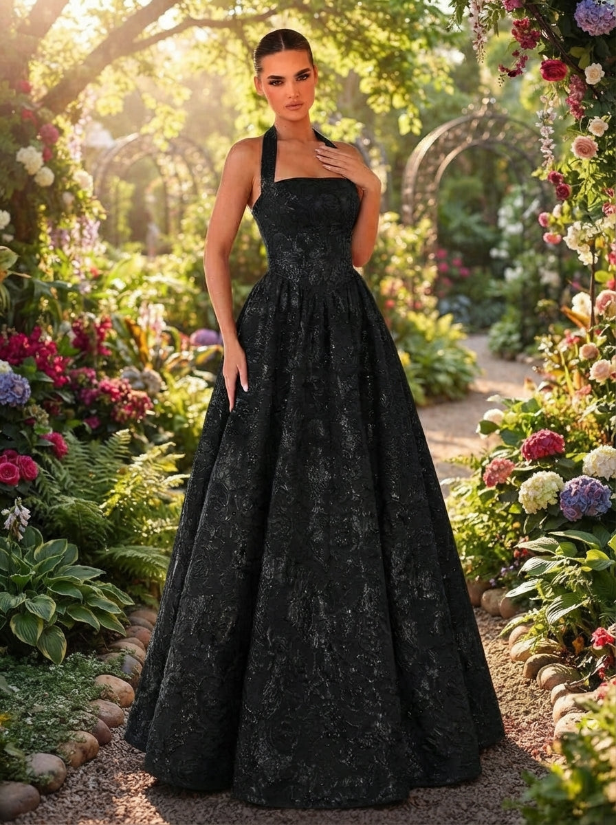 SDE3250 Elegant Burgundy Jacquard Halter Formal Evening Gown