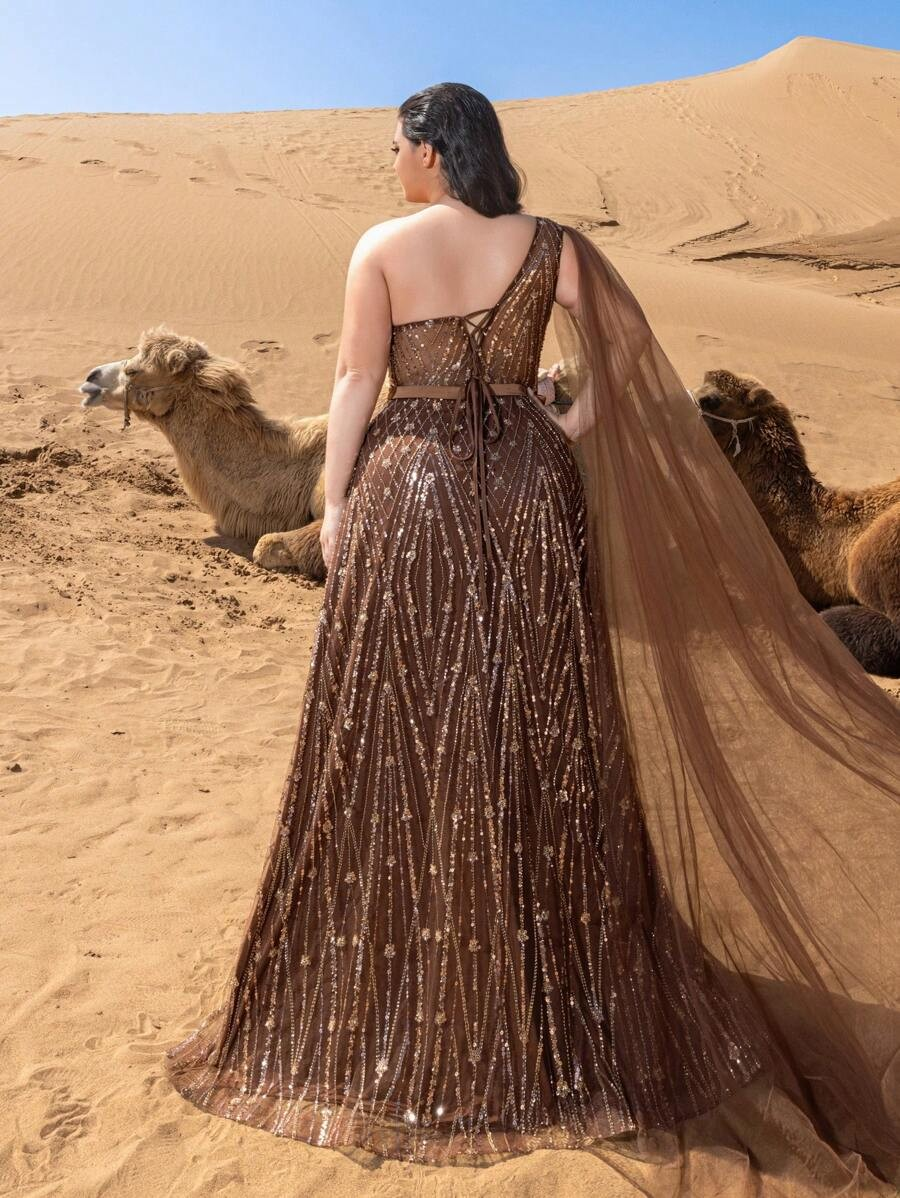 SD3236 One-Shoulder Cape Sleeve Sequin Gown