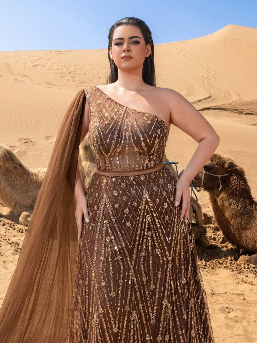 SD3236 One-Shoulder Cape Sleeve Sequin Gown