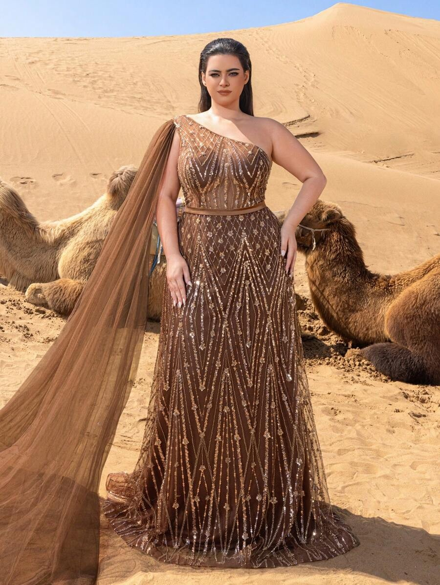 SD3236 One-Shoulder Cape Sleeve Sequin Gown