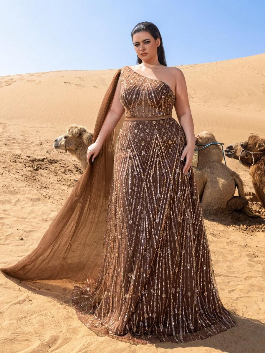 SD3236 One-Shoulder Cape Sleeve Sequin Gown