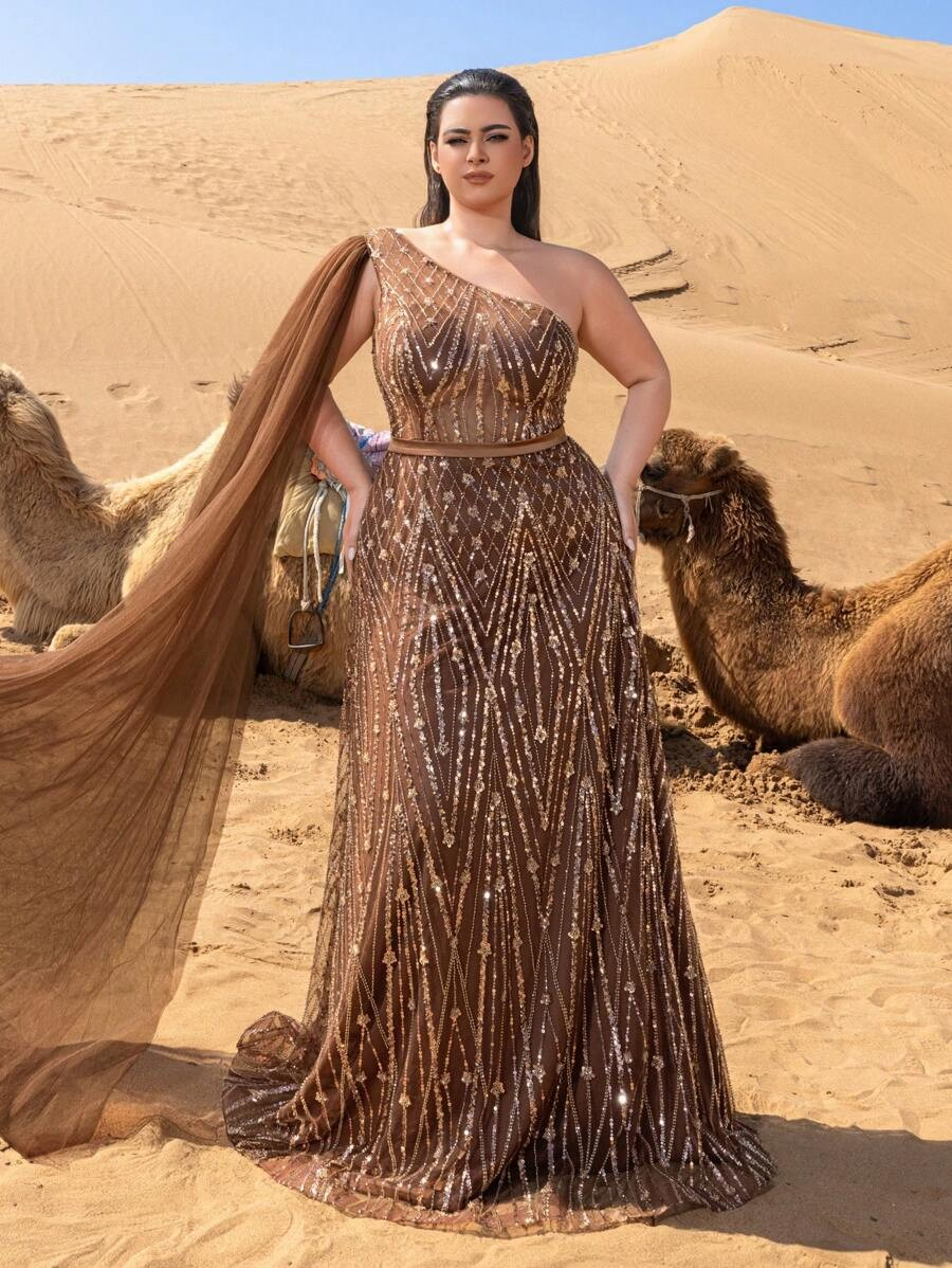 SD3236 One-Shoulder Cape Sleeve Sequin Gown